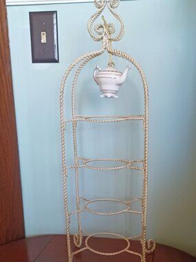 Vtg 4 Tier Teacup & Saucer Display Stand Little Hanging TeaPot included